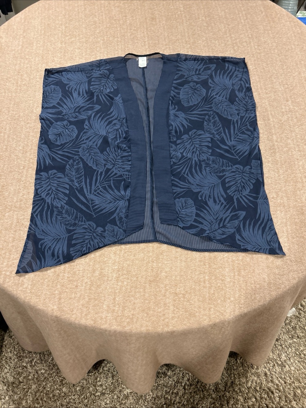 Kona Sol Navy Leaf-Print Open Front Kimono Style Covrt Up